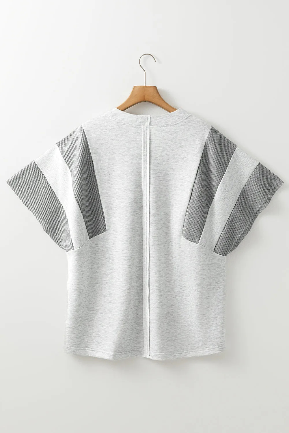 Light Grey Two Tone Contrast Waffle Knit Patched Buttoned V Neck Top