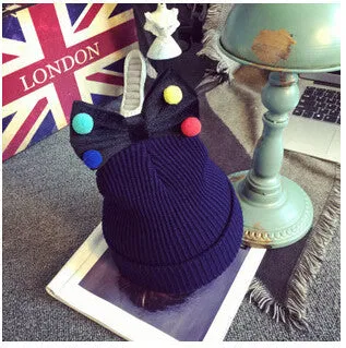 Lovely Girls Knitted Wool Solid knitted Hats Cute Mix Color Ball Bow-knot gorro for kids girls children beanies hedging