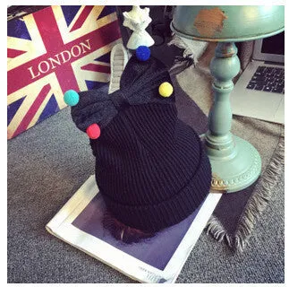 Lovely Girls Knitted Wool Solid knitted Hats Cute Mix Color Ball Bow-knot gorro for kids girls children beanies hedging