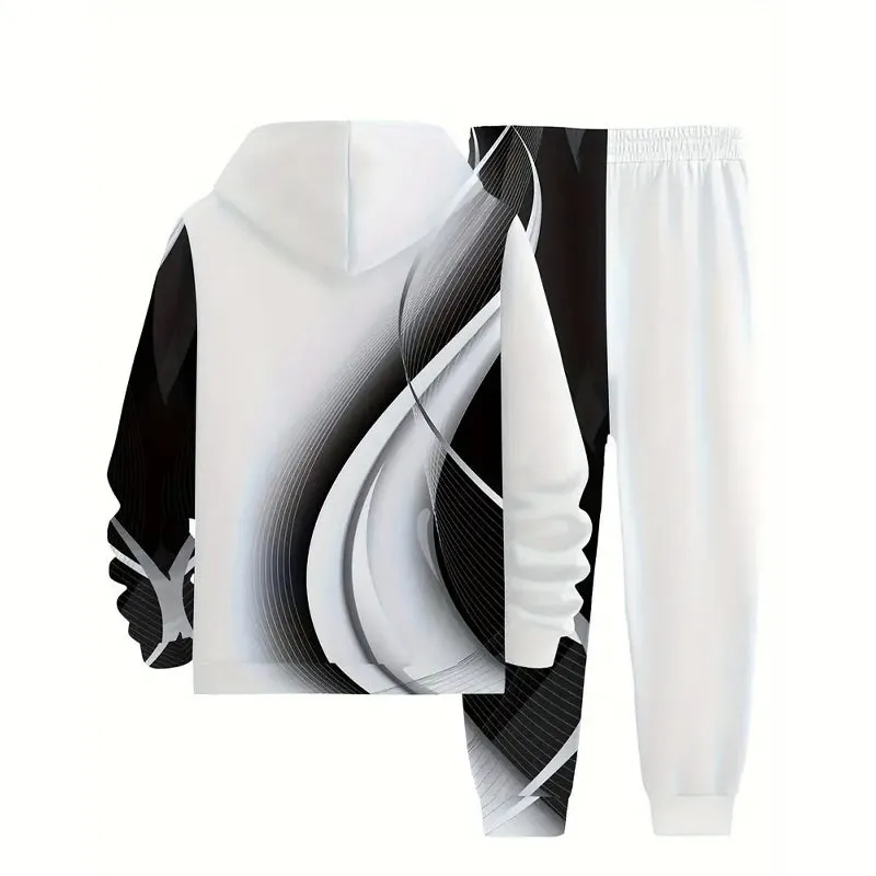 Men's 3D Abstract Swirl Print Casual Hooded Sweatsuit