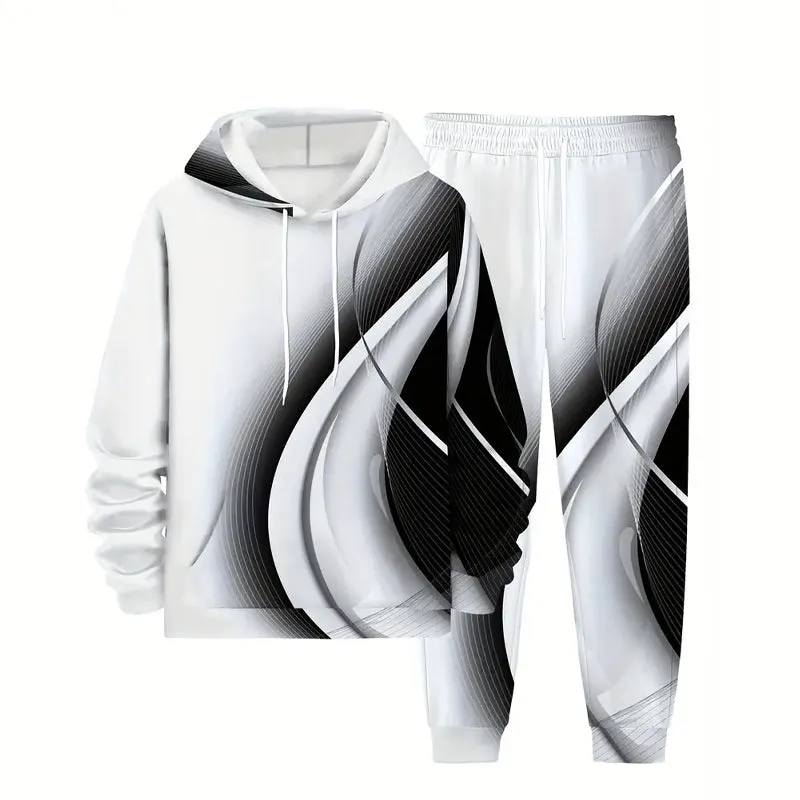 Men's 3D Abstract Swirl Print Casual Hooded Sweatsuit