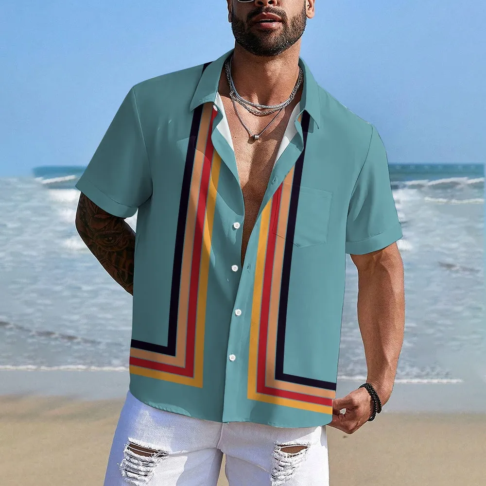 Men's Casual Striped Print Short Sleeve Shirt 2405002152
