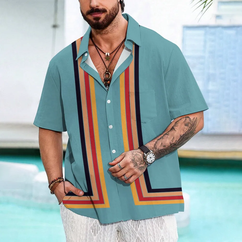 Men's Casual Striped Print Short Sleeve Shirt 2405002152