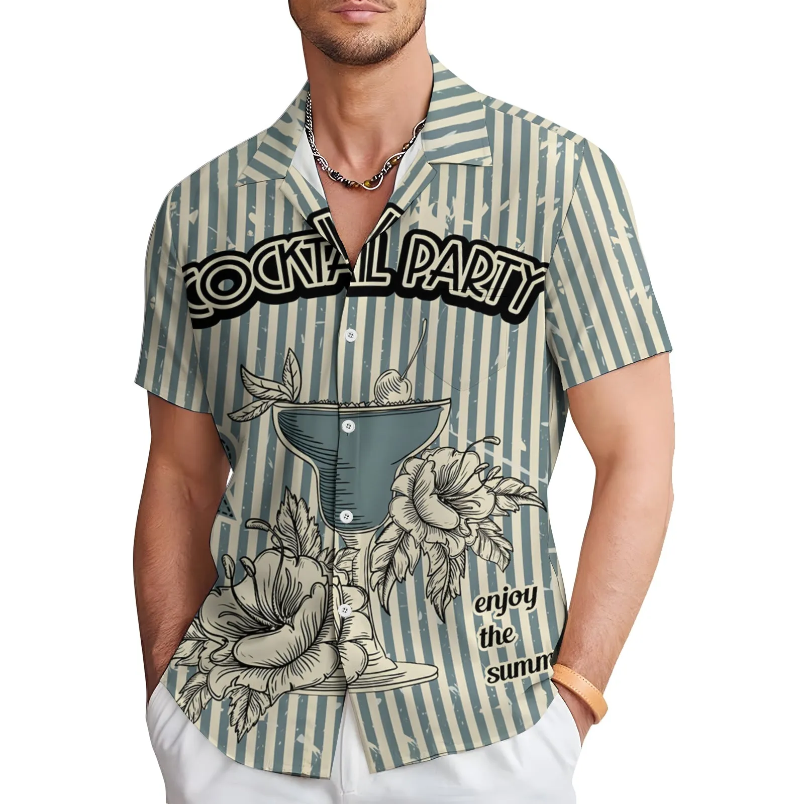 Men's Cocktail Stripe Print Casual Short Sleeve Shirt 2403000669