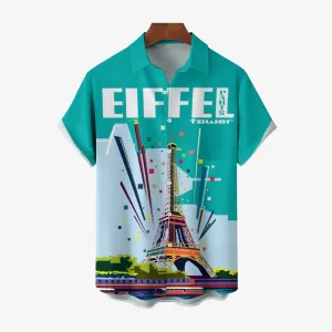 Men's French Eiffel Tower Print Casual Short Sleeve Shirt 2404000551