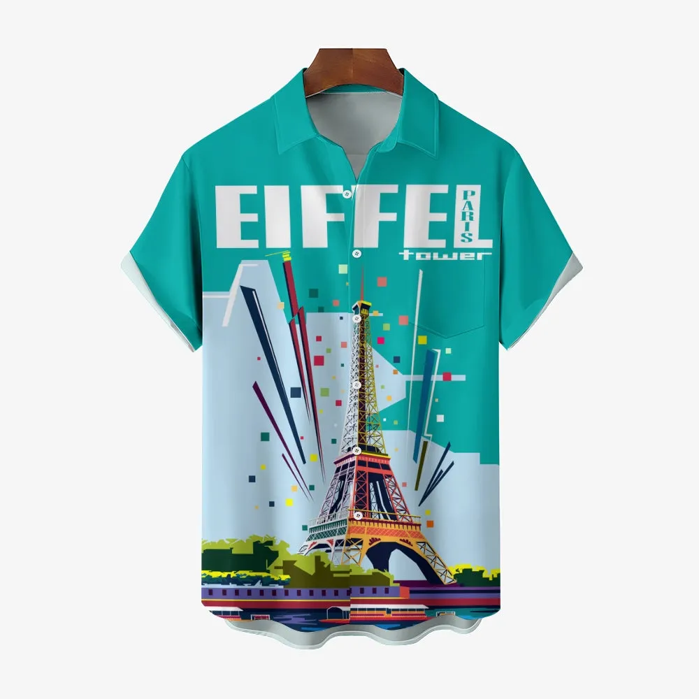 Men's French Eiffel Tower Print Casual Short Sleeve Shirt 2404000551