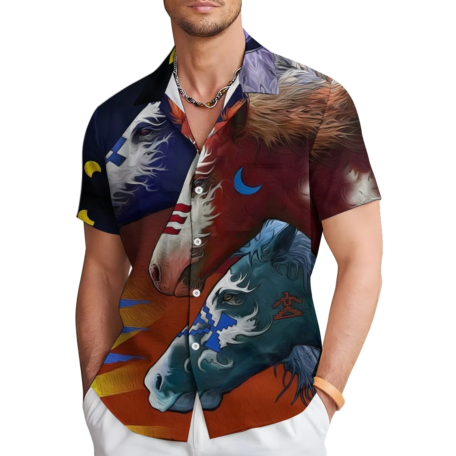 Men's Horse Casual Short Sleeve Shirt 2404000066