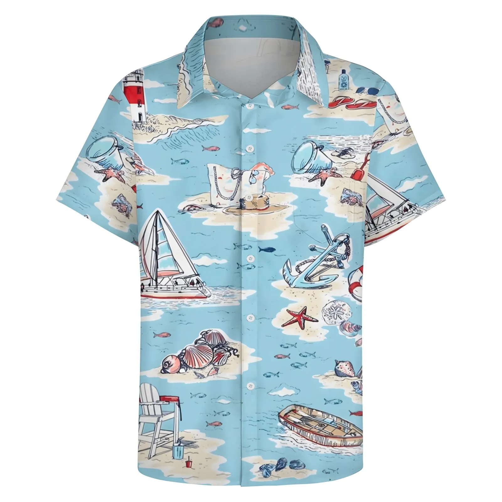 Men's Nautical Beach Element Print Casual Short Sleeve Shirt 2403000582