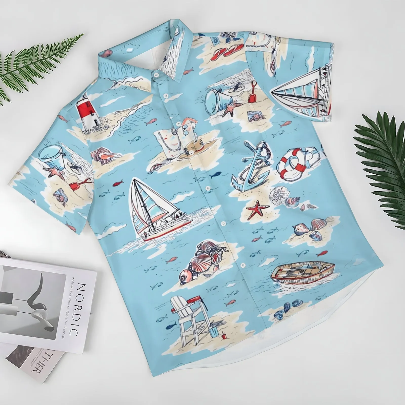 Men's Nautical Beach Element Print Casual Short Sleeve Shirt 2403000582