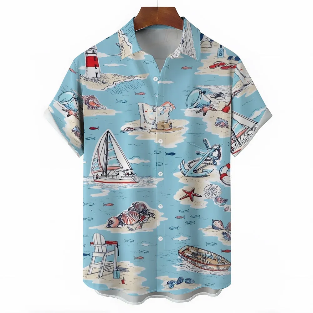 Men's Nautical Beach Element Print Casual Short Sleeve Shirt 2403000582