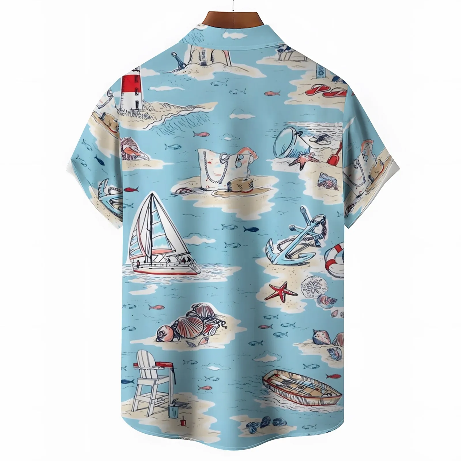 Men's Nautical Beach Element Print Casual Short Sleeve Shirt 2403000582