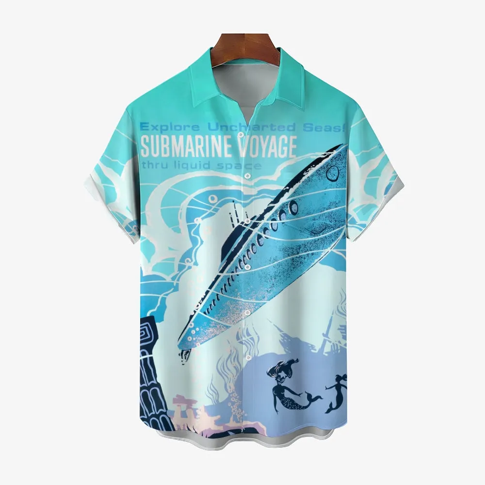 Men's Ocean Submarine Print Casual Short Sleeve Shirt 2403000527
