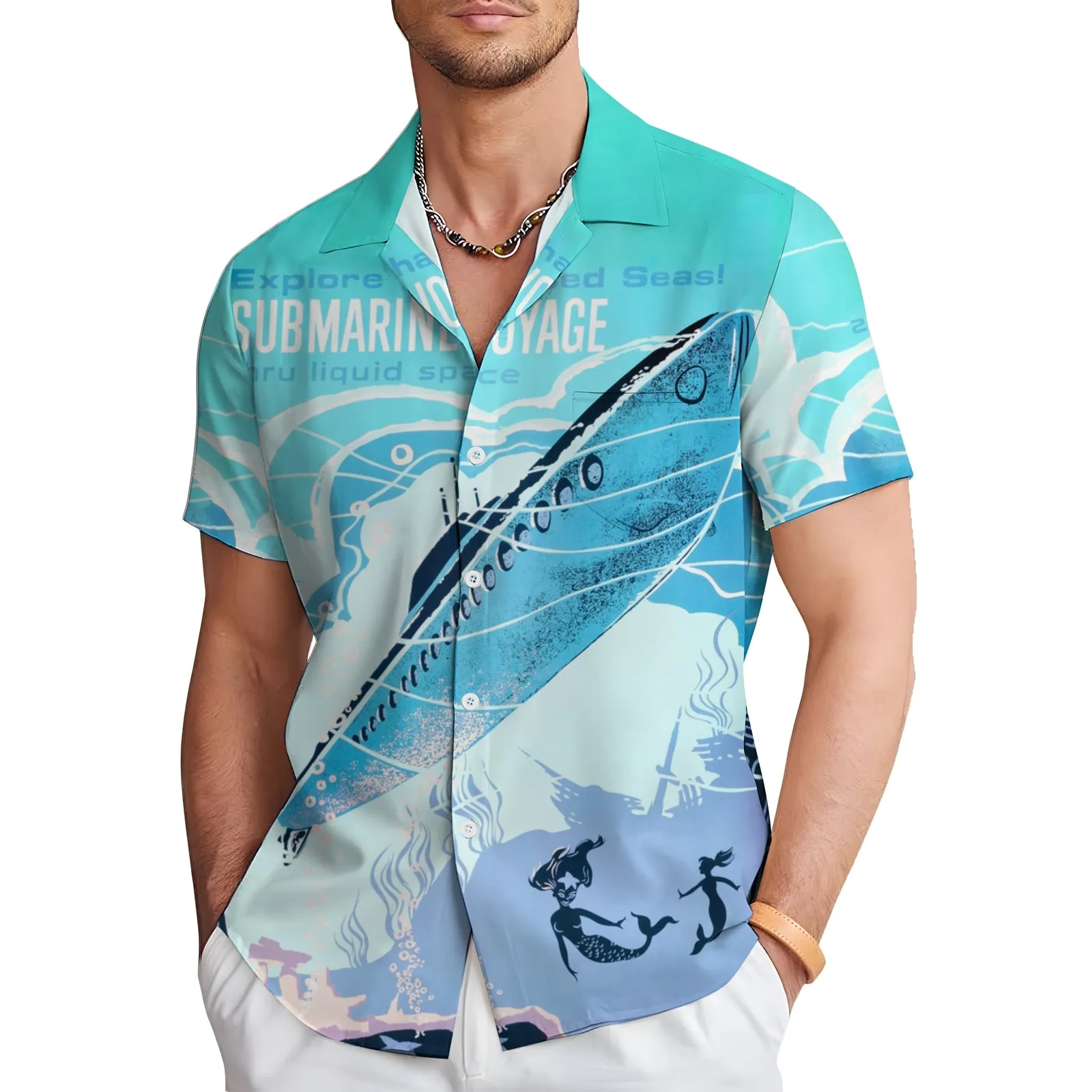 Men's Ocean Submarine Print Casual Short Sleeve Shirt 2403000527
