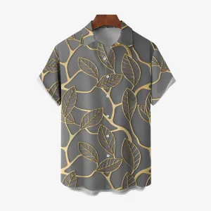 Men's Plant Leaves Gold Edge Casual Short Sleeve Shirt 2402000067