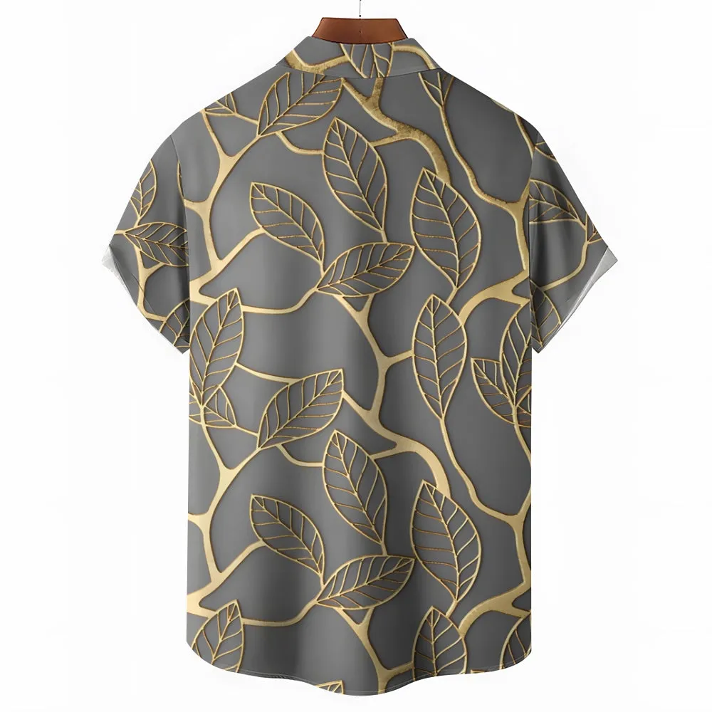 Men's Plant Leaves Gold Edge Casual Short Sleeve Shirt 2402000067