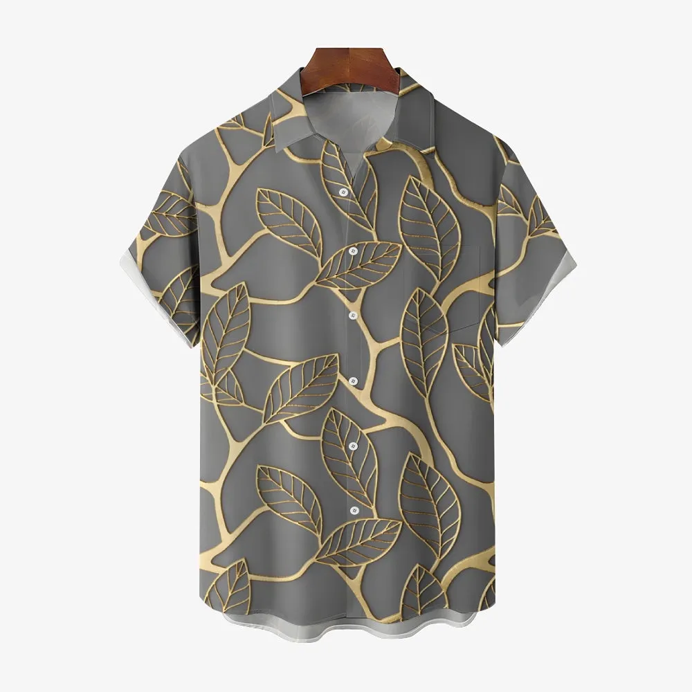 Men's Plant Leaves Gold Edge Casual Short Sleeve Shirt 2402000067