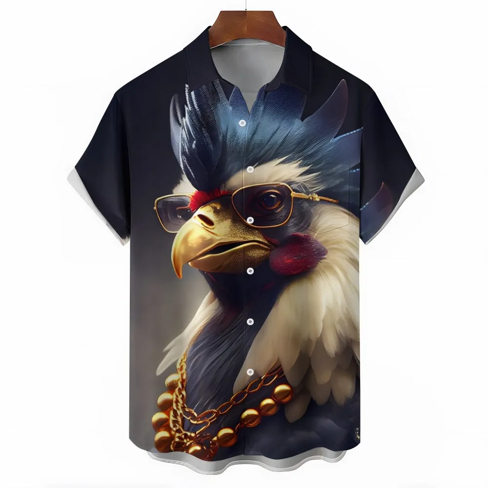 Men's Rooster Print Casual Short Sleeve Shirt 2405001046