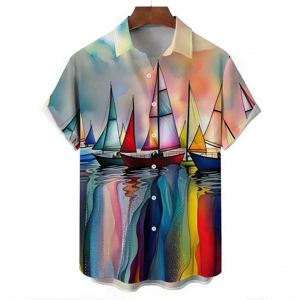 Men's Sailboat Casual Short Sleeve Shirt 2403000041