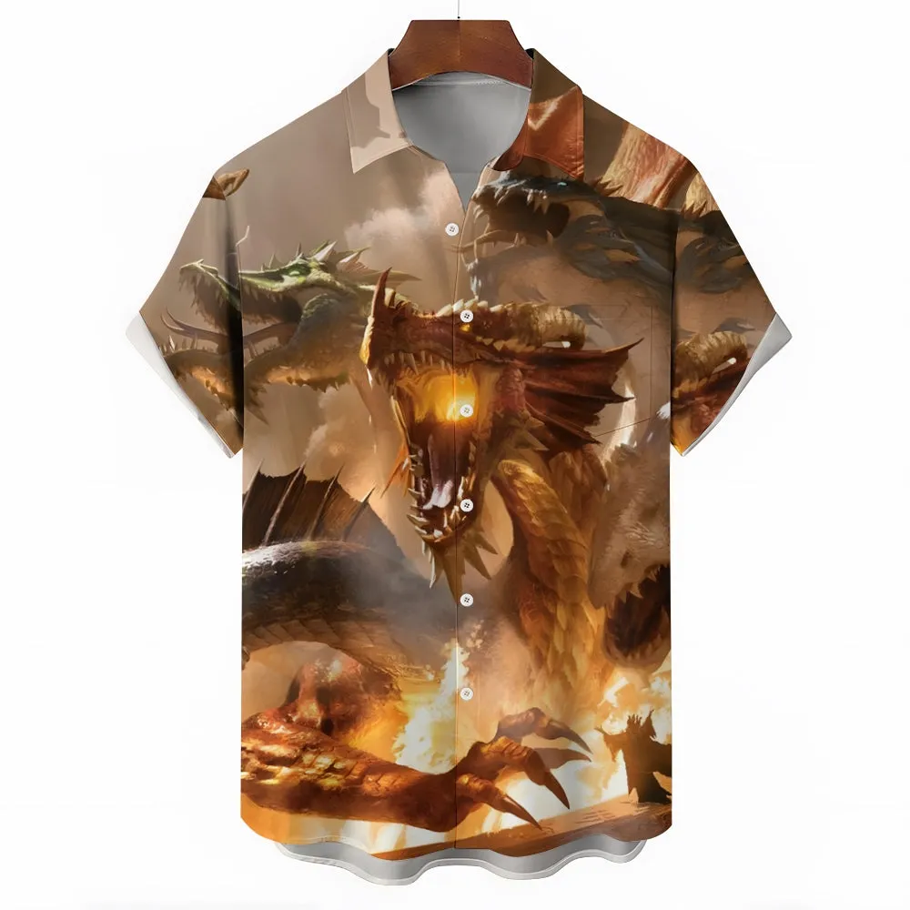 Men's Three Headed Dragon Print Casual Short Sleeve Shirt 2403000224