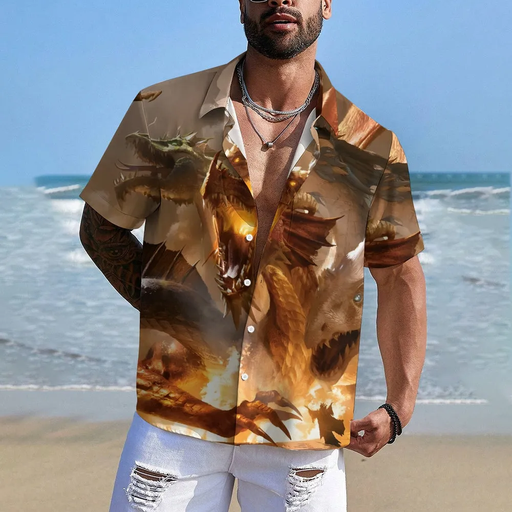 Men's Three Headed Dragon Print Casual Short Sleeve Shirt 2403000224