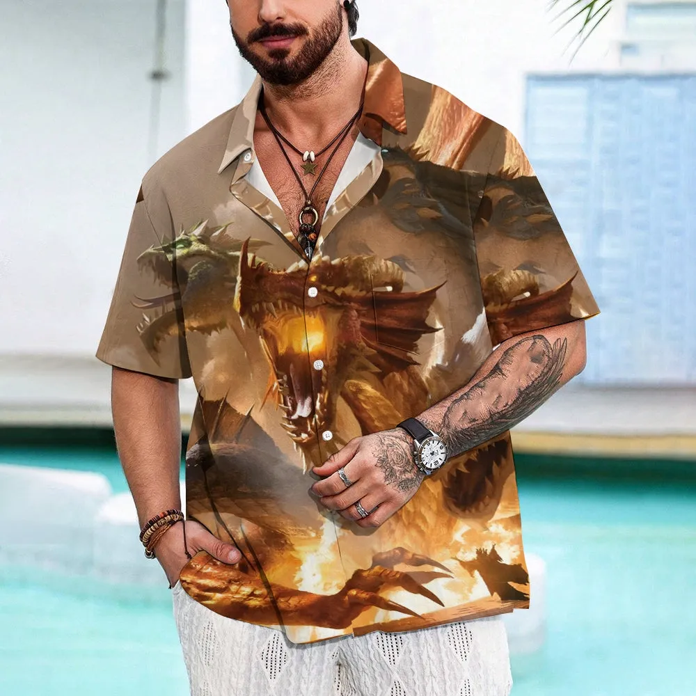 Men's Three Headed Dragon Print Casual Short Sleeve Shirt 2403000224