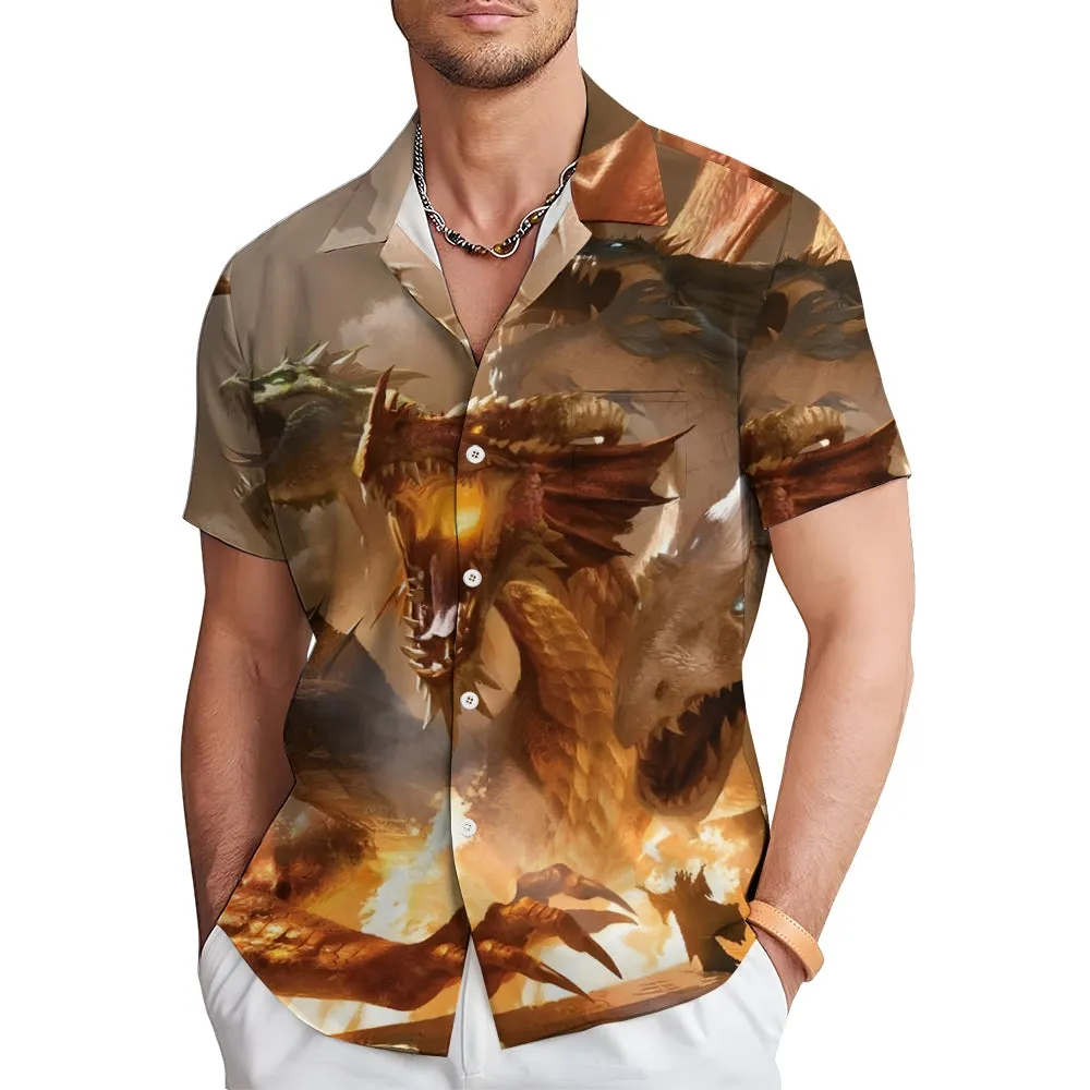 Men's Three Headed Dragon Print Casual Short Sleeve Shirt 2403000224