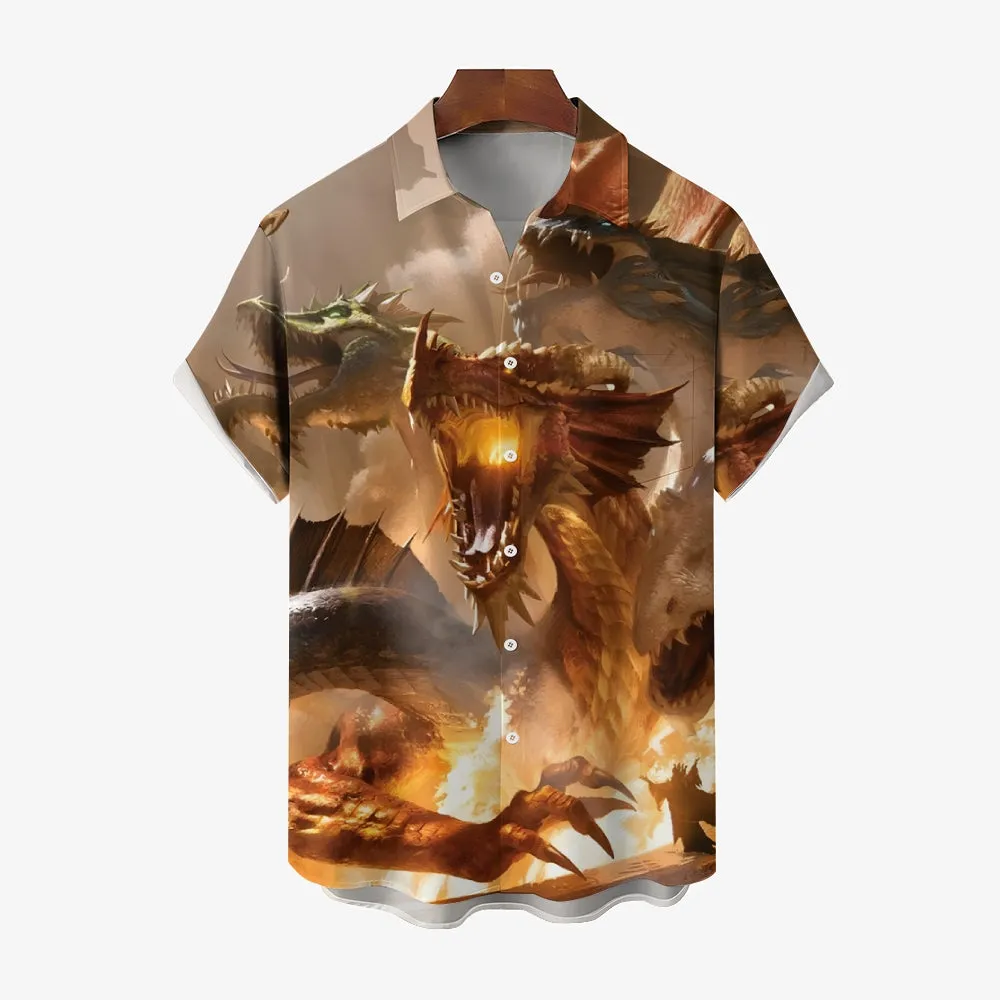 Men's Three Headed Dragon Print Casual Short Sleeve Shirt 2403000224