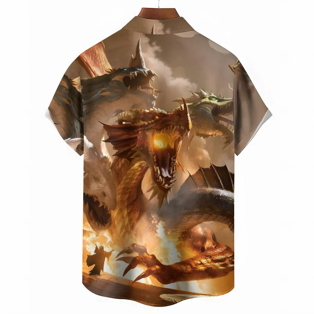Men's Three Headed Dragon Print Casual Short Sleeve Shirt 2403000224