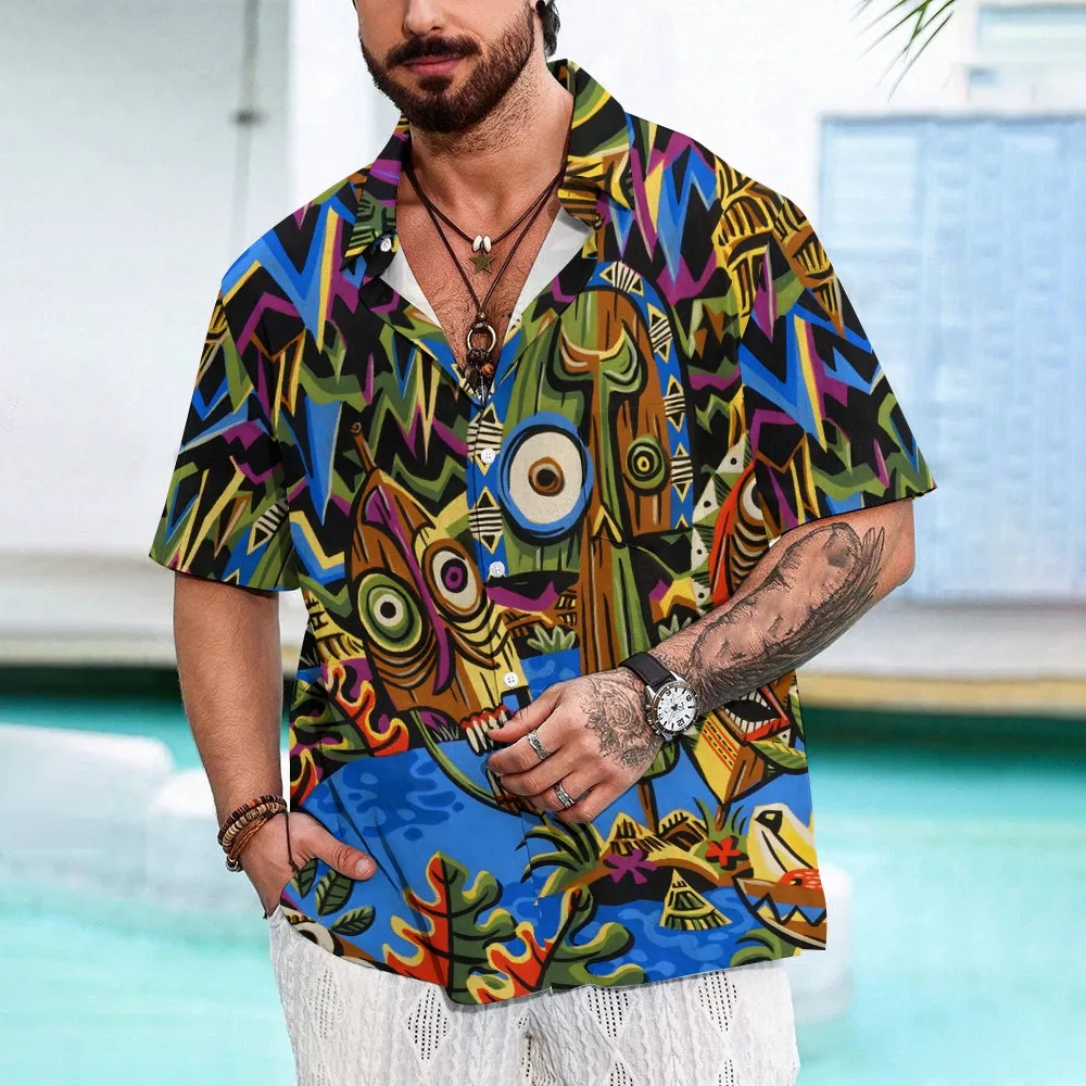 Men's TIKI Art Print Casual Short Sleeve Shirt 2404000288