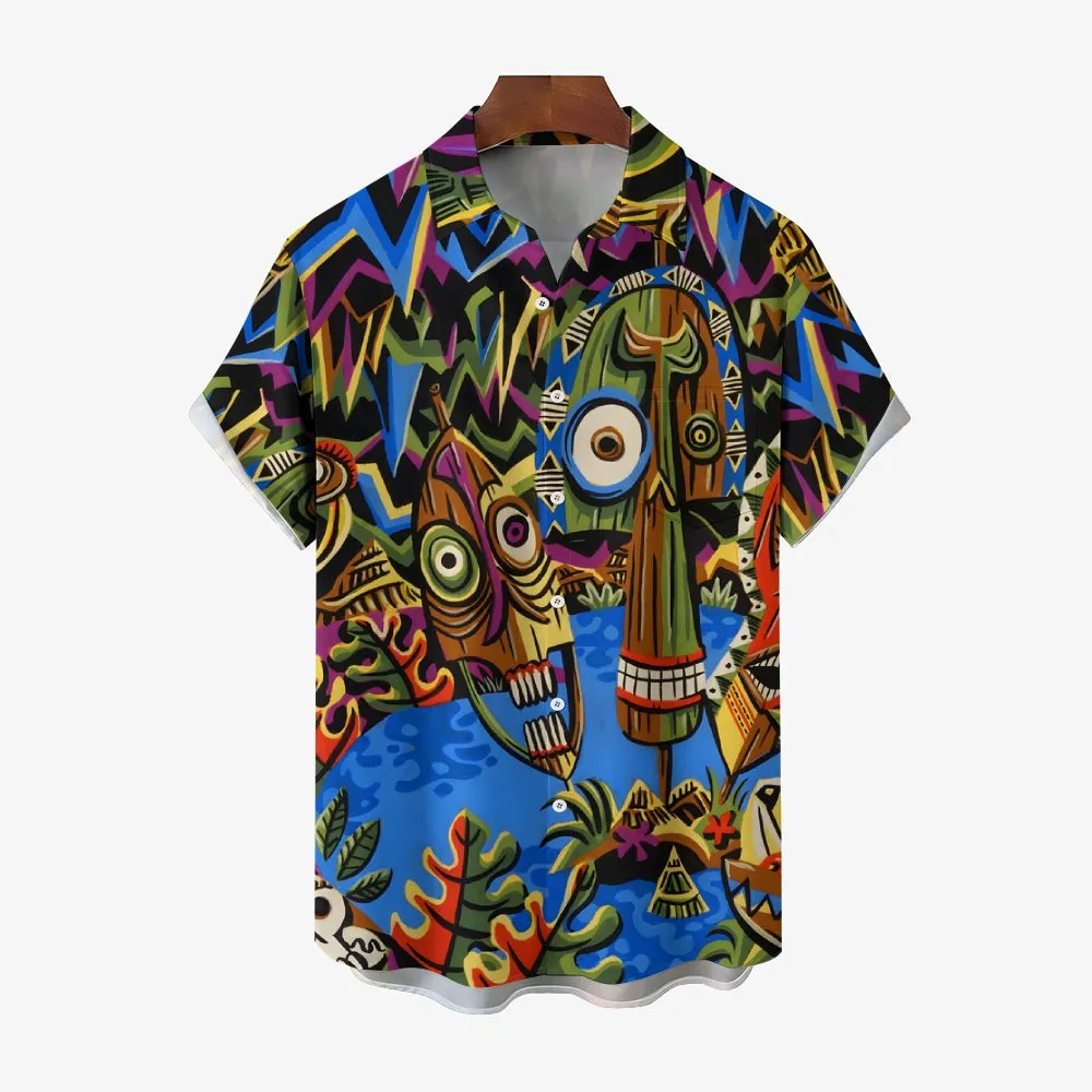 Men's TIKI Art Print Casual Short Sleeve Shirt 2404000288