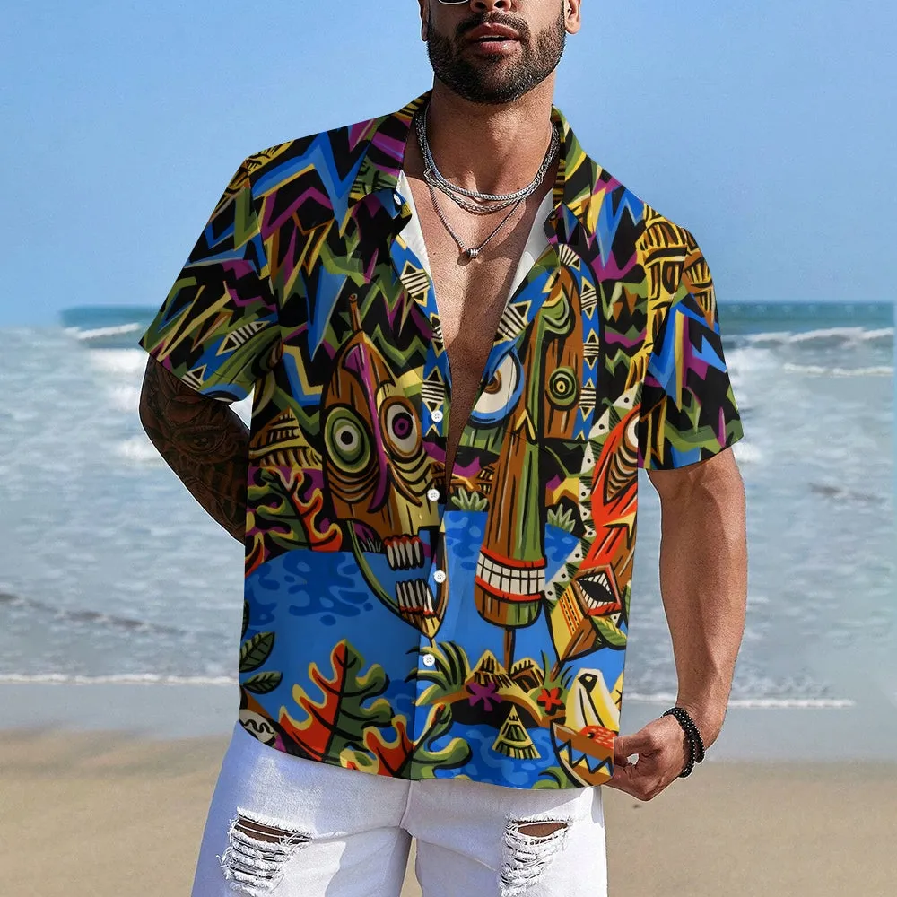 Men's TIKI Art Print Casual Short Sleeve Shirt 2404000288