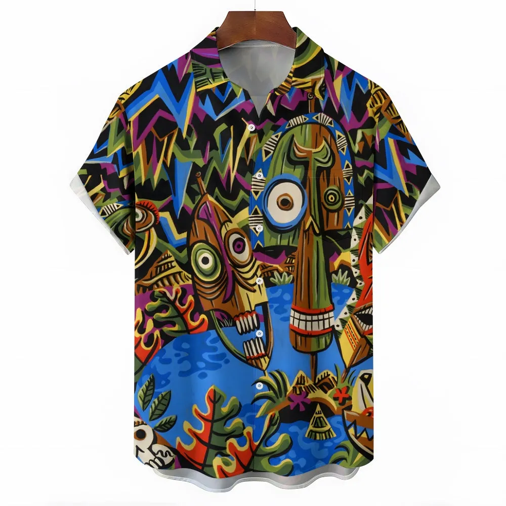 Men's TIKI Art Print Casual Short Sleeve Shirt 2404000288