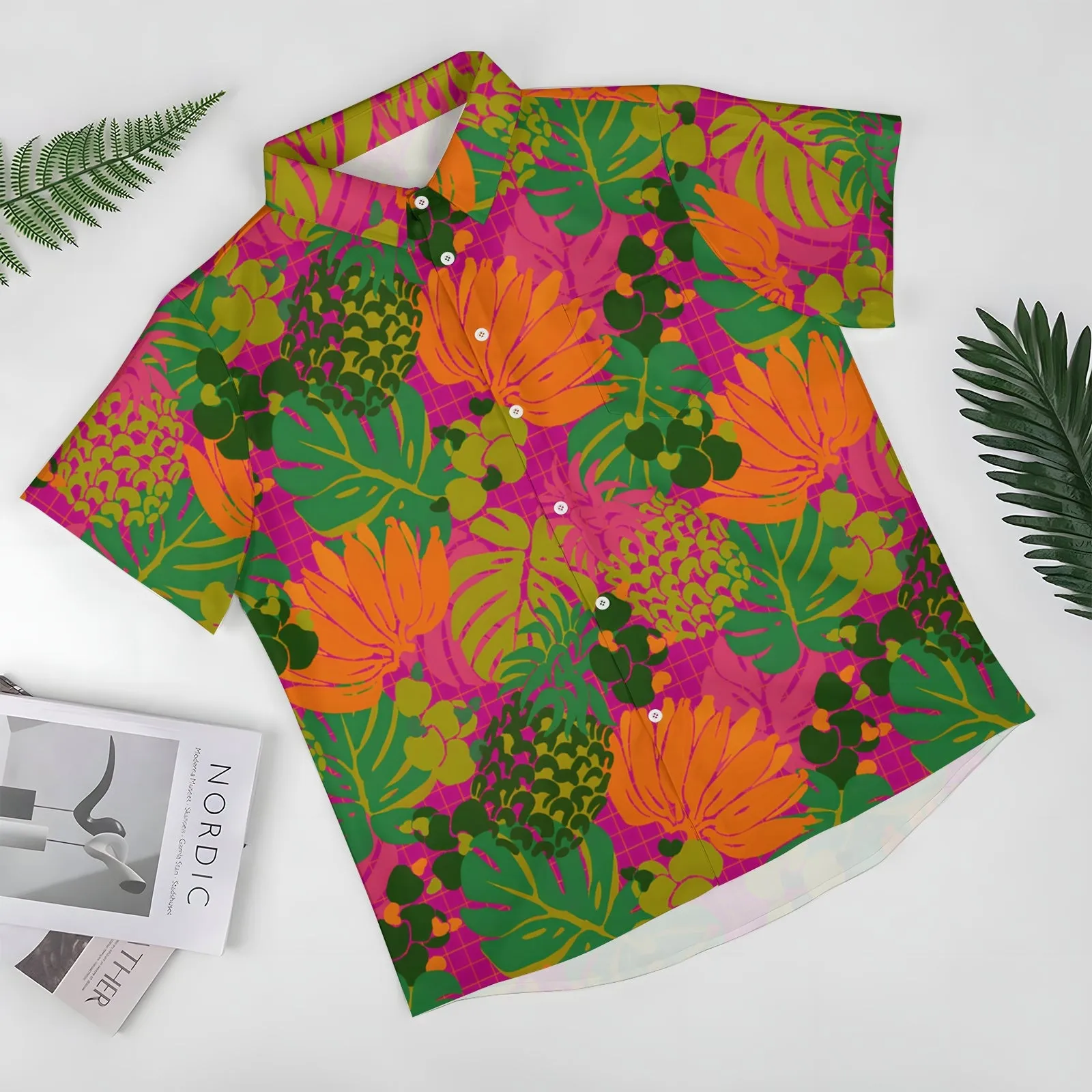 Men's Tropical Botanical Print Casual Short Sleeve Shirt 2404000061