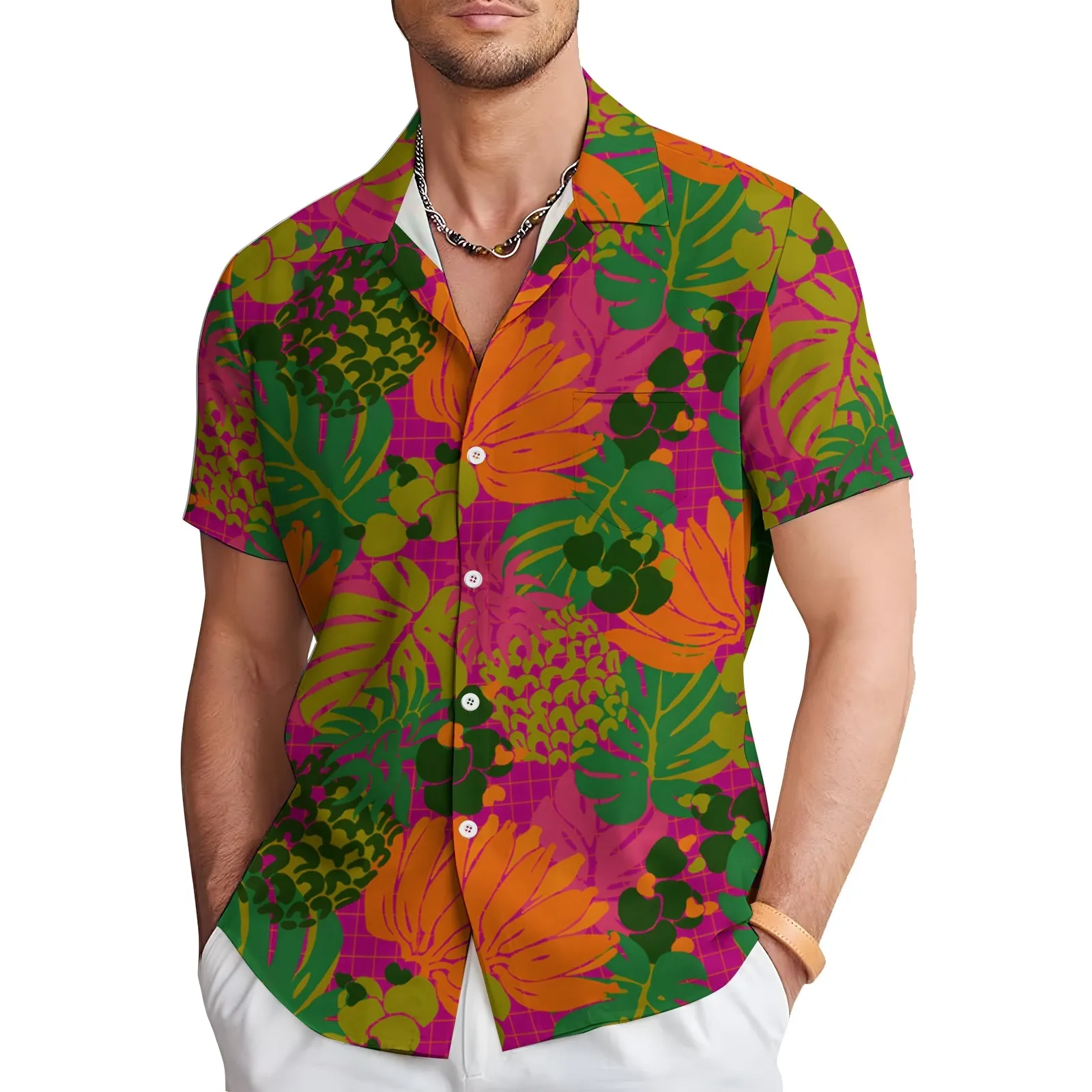 Men's Tropical Botanical Print Casual Short Sleeve Shirt 2404000061