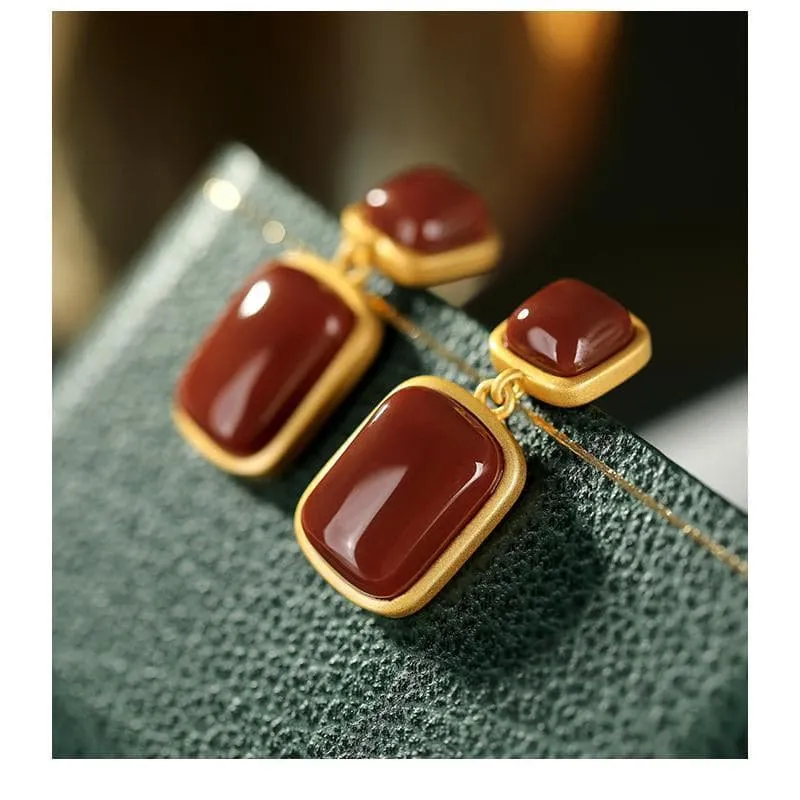 【Mihmily】Natural red agate earrings are vintage and unique - French elegance, bringing good luck