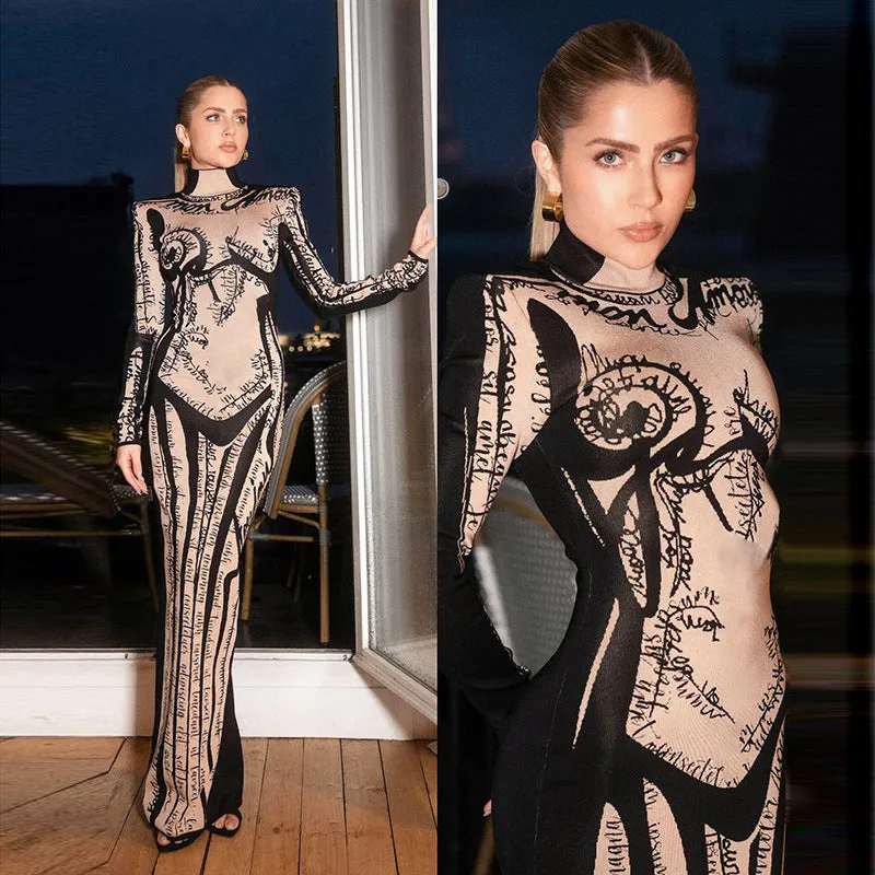 Modern Glam Contrasting Print High-Neck Long Sleeve Bodycon Dress