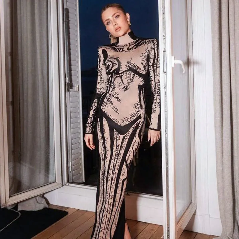 Modern Glam Contrasting Print High-Neck Long Sleeve Bodycon Dress