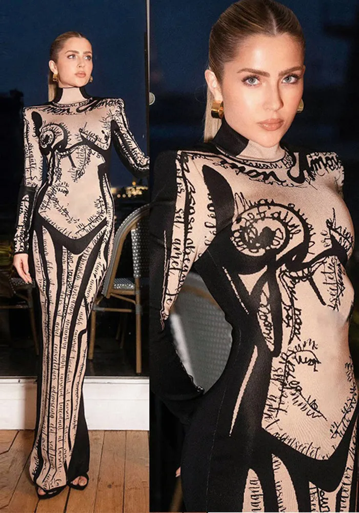 Modern Glam Contrasting Print High-Neck Long Sleeve Bodycon Dress