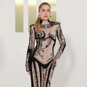 Modern Glam Contrasting Print High-Neck Long Sleeve Bodycon Dress