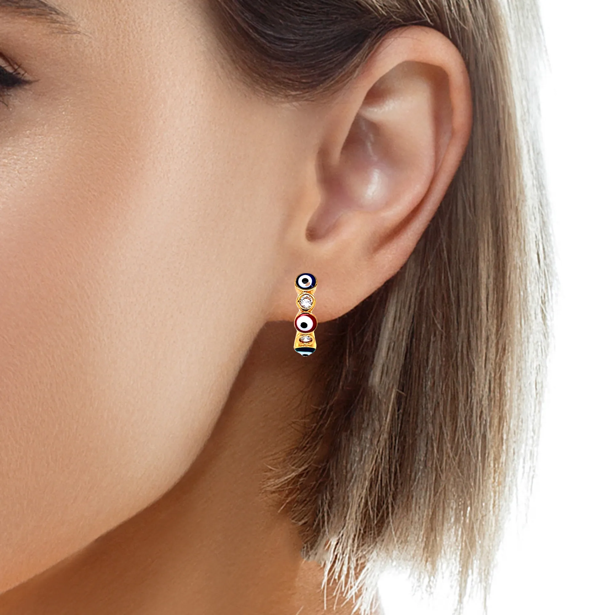 Multicolor Evil Eye Huggies Earrings Zirconia Stones