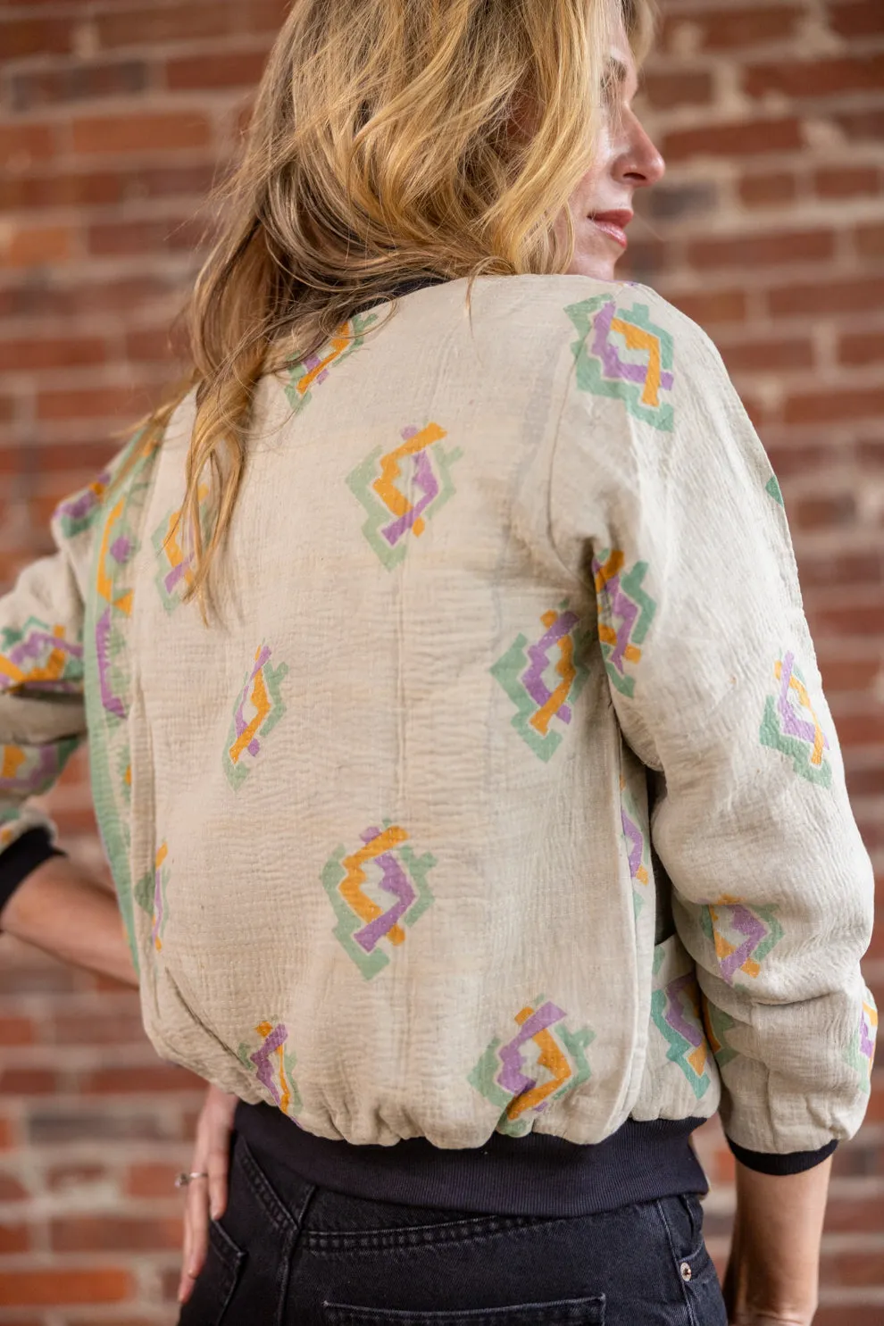 Nadia Bomber Jacket  | Vintage Kantha - Light Gray Floral (S)