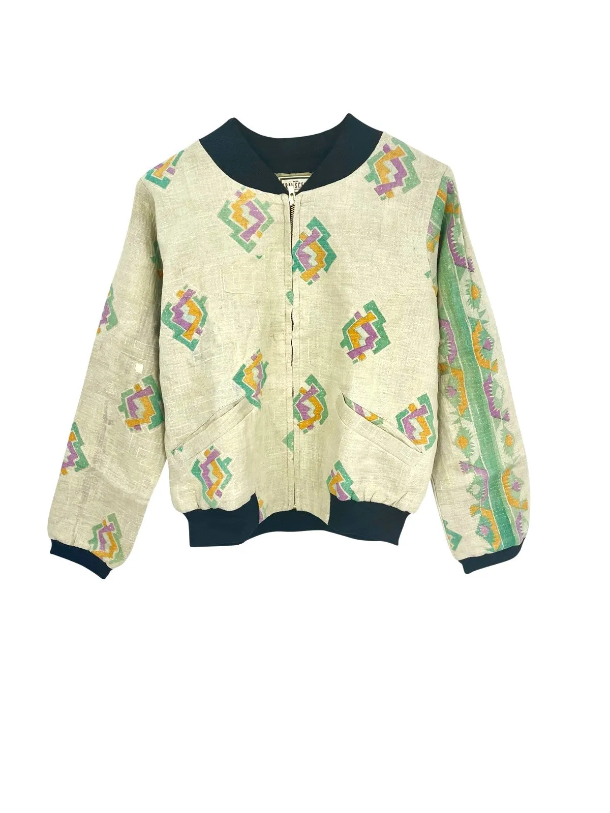 Nadia Bomber Jacket  | Vintage Kantha - Light Gray Floral (S)