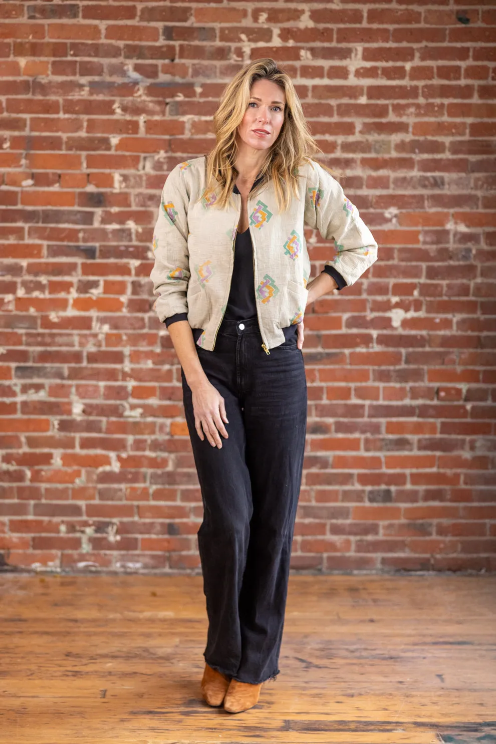 Nadia Bomber Jacket  | Vintage Kantha - Light Gray Floral (S)