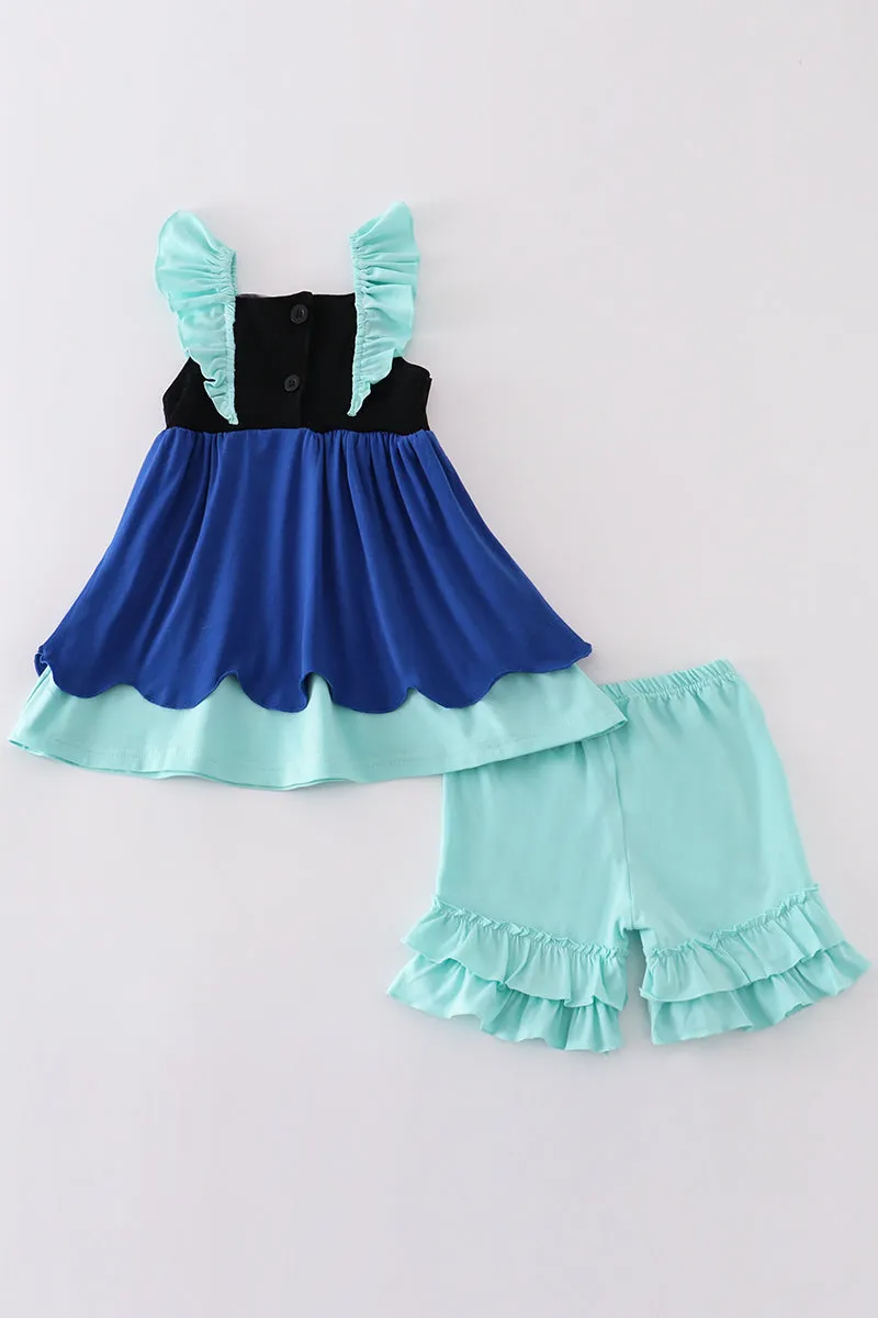 Navy Anna Embroidery Ruffle Girl Set