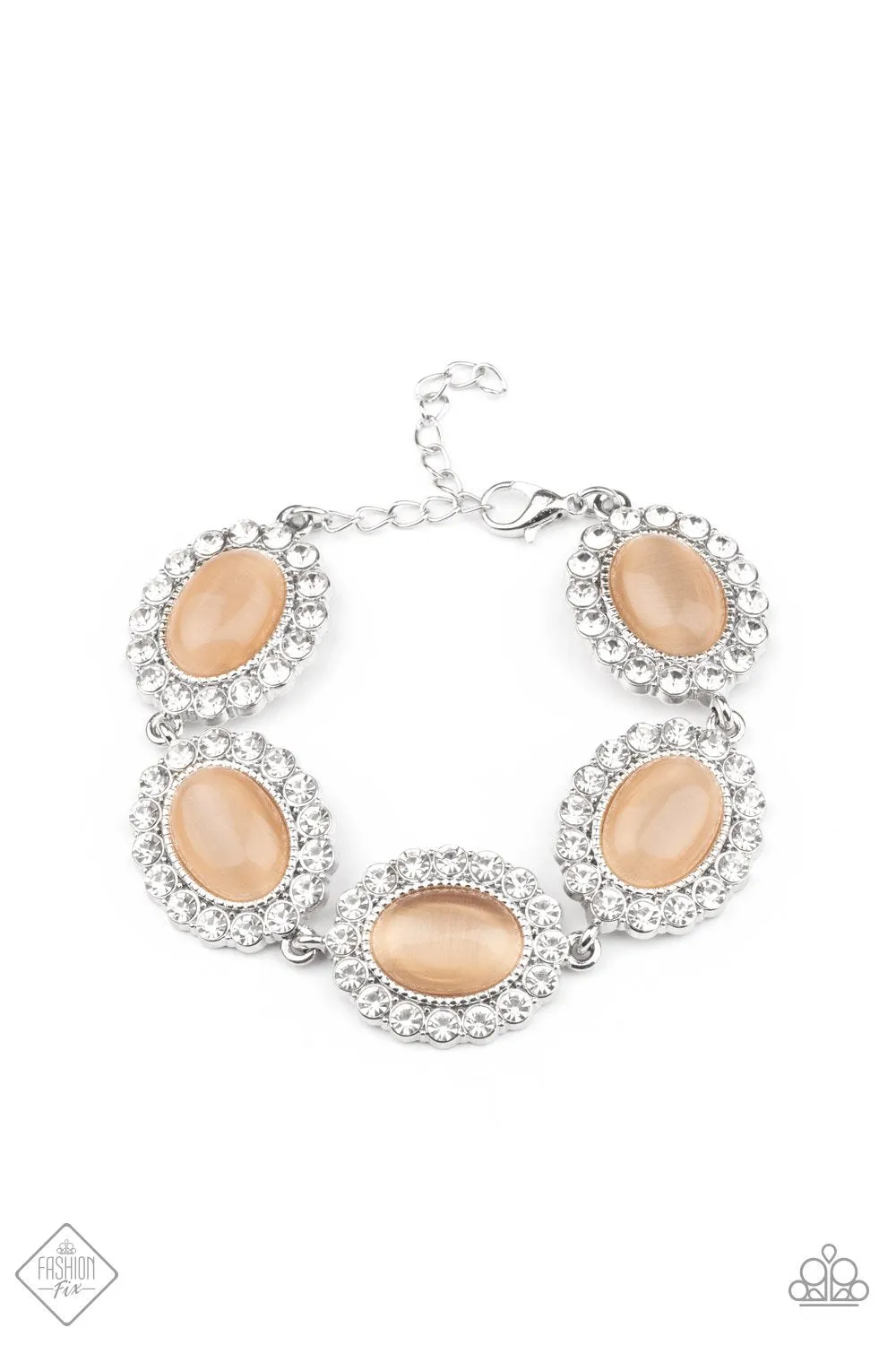 Paparazzi " Demurely Diva " Silver Metal Orange Cat's Eye & Rhinestone Clasp Bracelet