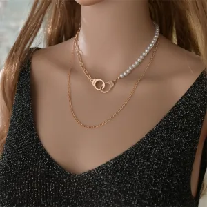 Pearl & 18K Gold-Plated Handcuff-Pendant Layered Necklace