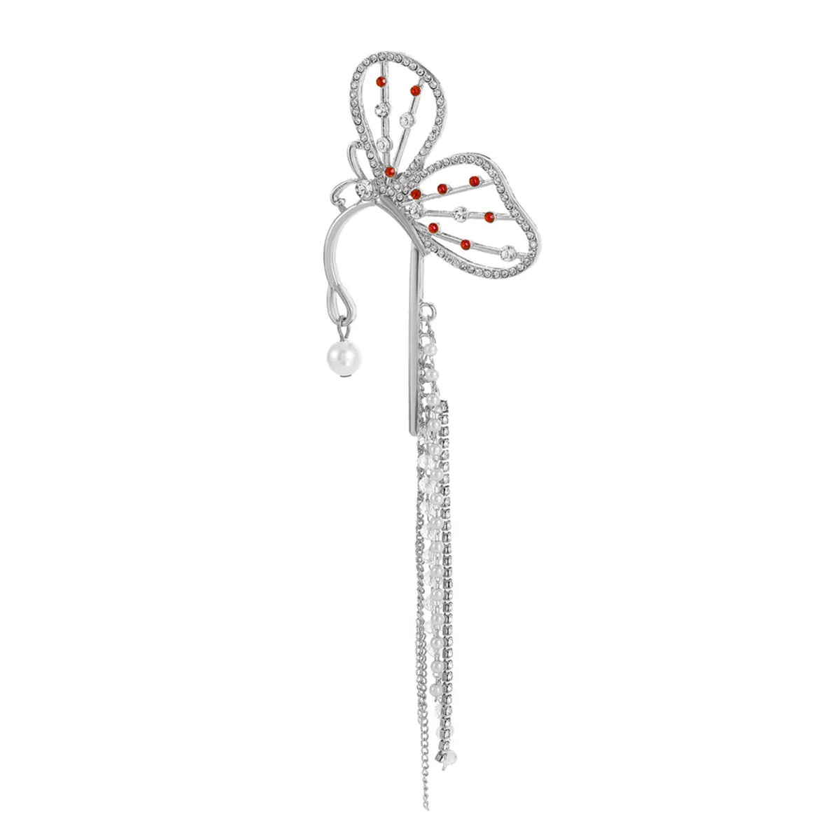 Pearl & Cubic Zirconia Silver-Plated Butterfly Tassel Ear Cuff