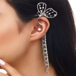 Pearl & Cubic Zirconia Silver-Plated Butterfly Tassel Ear Cuff