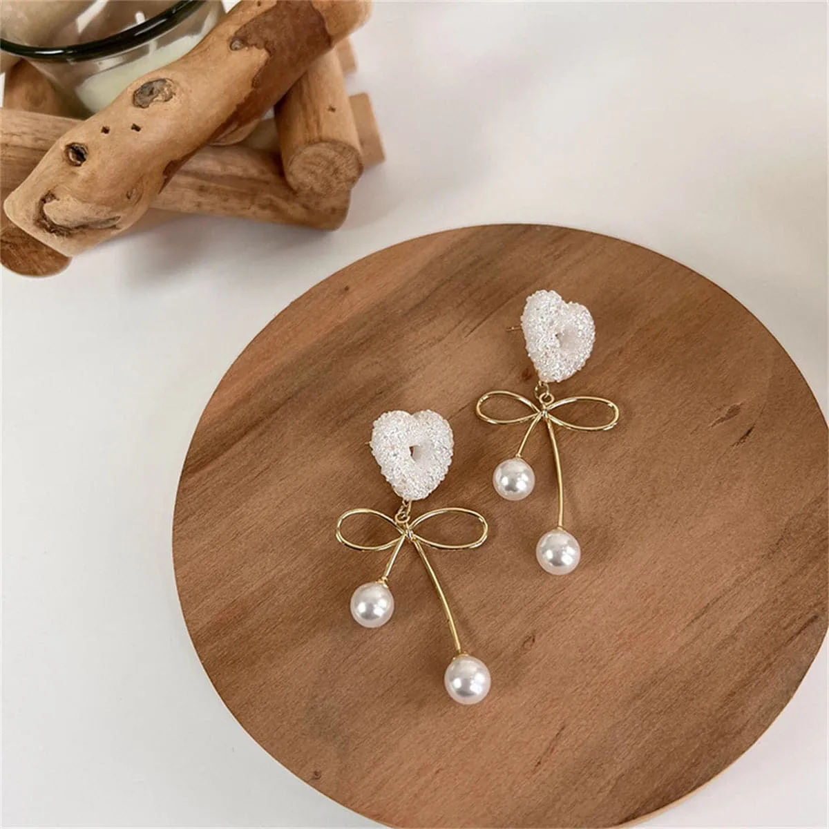 Pearl & Resin 18K Gold-Plated Heart Bow Drop Earrings
