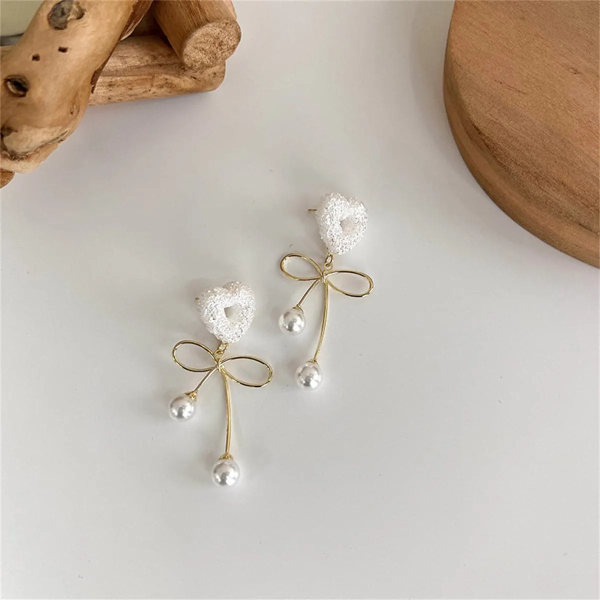 Pearl & Resin 18K Gold-Plated Heart Bow Drop Earrings
